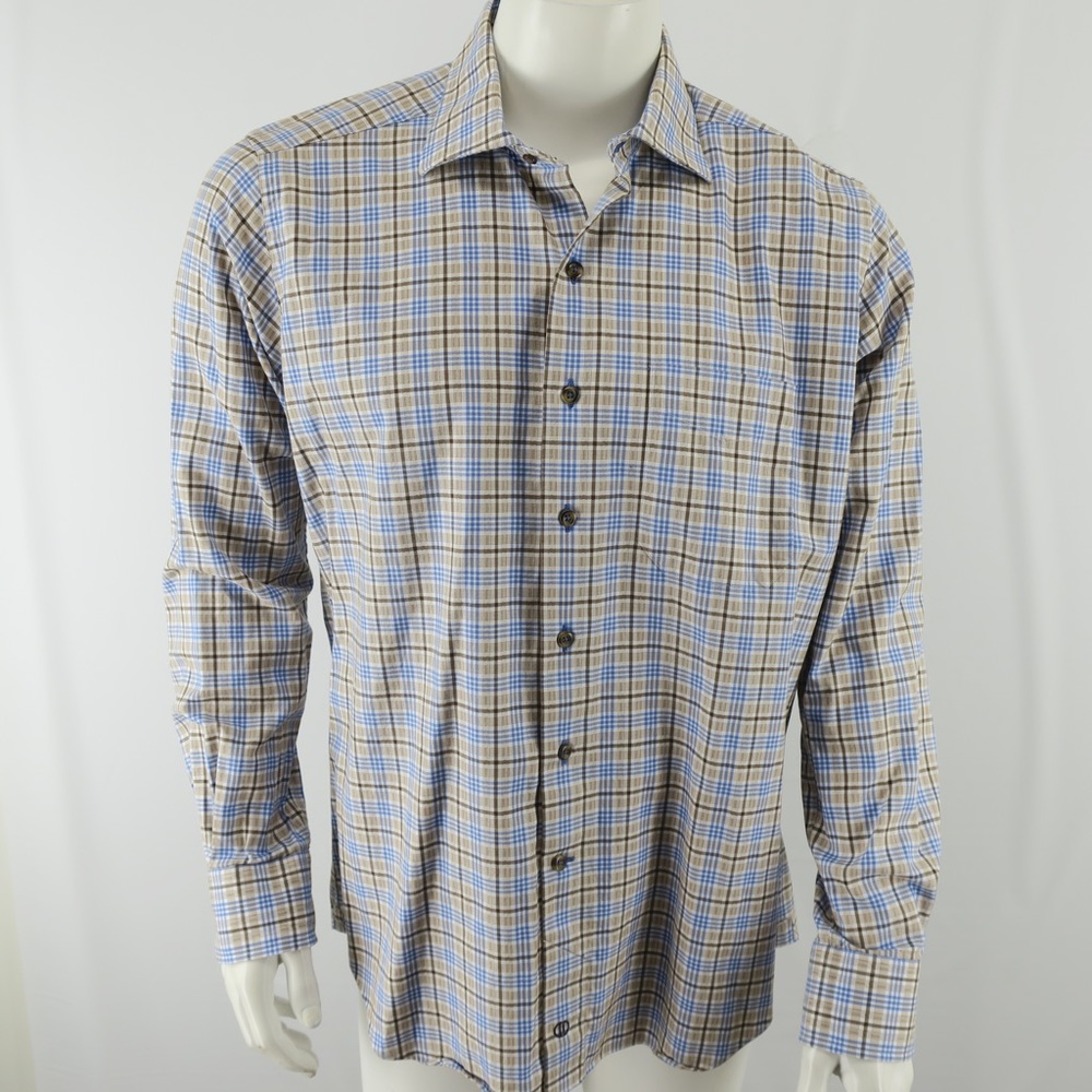 David Donahue Button Up Shirt Mens Large Blue Brown 100% Cotton‎